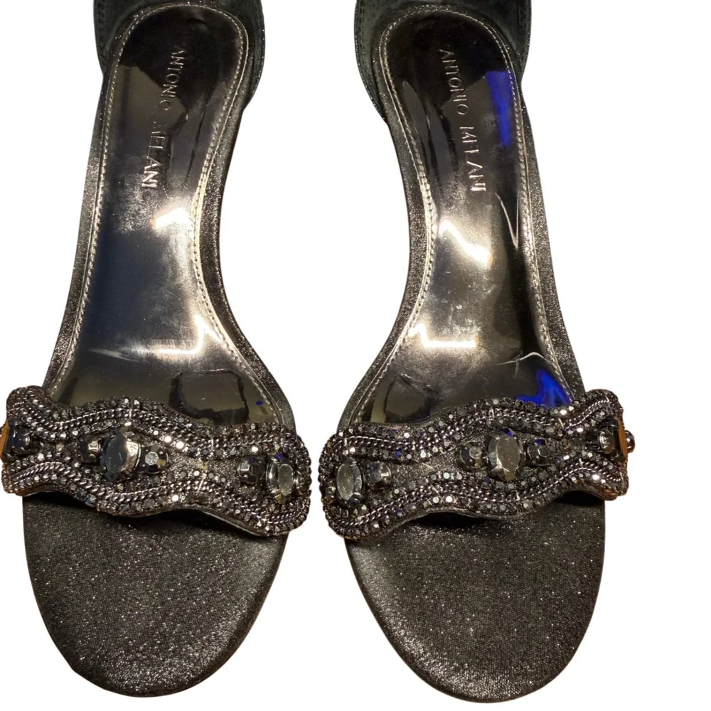 ANTONIO MELANI Women's 8 Black Rhinestone Heels Sparkle Zip Back Fancy Shoes